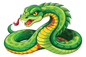 Cartoon Illustration of a Green Snake with Yellow Eyes and Spots coiled up, ready to strike with venomous fangs