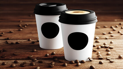 Two white coffee cups with black lids are placed on a wooden table, which is covered with coffee beans. The cups are filled with a white liquid, possibly coffee
