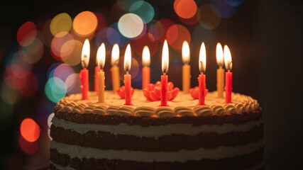 Delicious layered birthday cake with lit candles and festive bokeh background