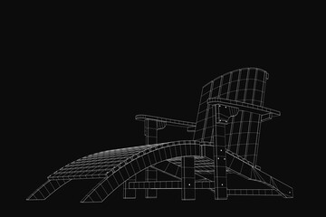 A sleek 3D wireframe model of a sun lounger chair features a curved backrest, armrests, and detailed seat design. The blueprint-style rendering highlights intricate structural elements against.