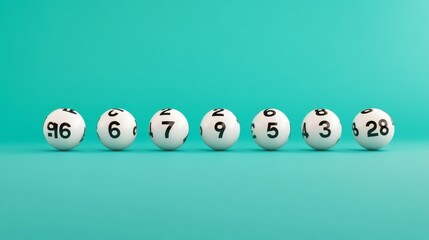 A minimalist composition of six floating numbered lottery balls aligned in a row over a solid teal background smooth