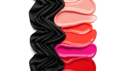 Vibrant swatches of lip gloss in various shades are artfully arranged with a black silk fabric