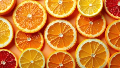 Slices of various citrus fruits form a circular, repeating pattern , studio shot, round