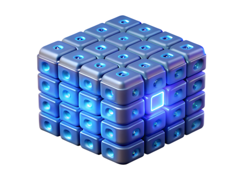 Blue glowing cube of small blocks one block different