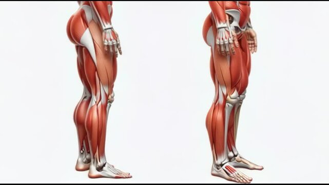 Detailed 3D anatomical rendering of human leg and gluteal muscles with bones rotating for medical education and fitness visualization