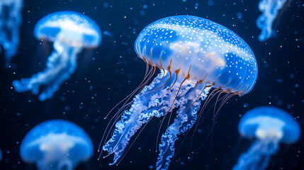 Glowing jellyfish with translucent bell and long tentacles floating gracefully in deep blue ocean water with soft light and bubbles