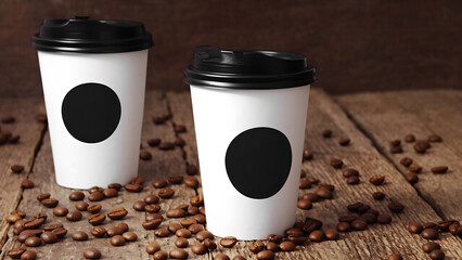 Two white coffee cups with black lids are placed on a wooden table, which is covered with coffee beans. The cups are filled with a white liquid, possibly coffee