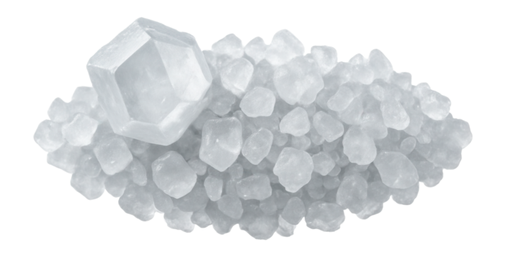 Magnesium chloride crystals to lower the freezing point in concrete mixes for road construction.