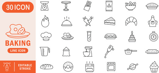 Baking Line Icon Set. Editable stroke icons for desserts, cakes, pastries, ingredients, cooking utensils, and bakery equipment. Perfect for recipe apps, kitchen packaging, food blogs, and cafe brandin
