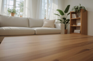 Modern Living Room with Wooden Coffee Table, Gray Sofa, and Natural Light Through Large Windows