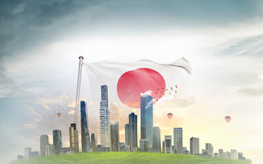Japan national flag wavering with modern building skyline. Country showing stronger and prosperity....