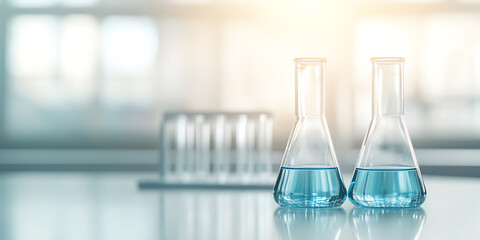 Lab Beakers with Blue Liquid: Science and Research. Clean, bright lab with test tubes, beakers. Chemistry, pharmaceuticals, health research background.