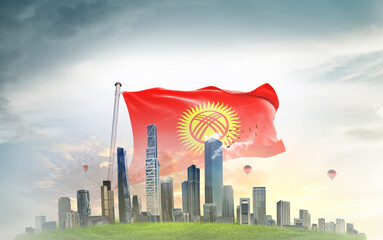 Kyrgyzstan national flag wavering with modern building skyline. Country showing stronger and prosperity. Flag key visual. Kyrgyzstan national flag for independence day.