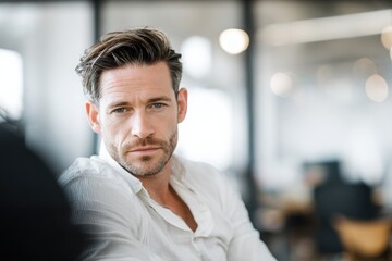 Obraz premium Confident man with relaxing in a bright office space, conveying leadership, professionalism, and a friendly business atmosphere.