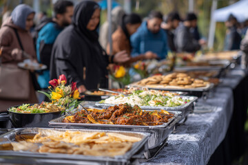 A buffet table with a variety of food, including a salad, a plate of cookies