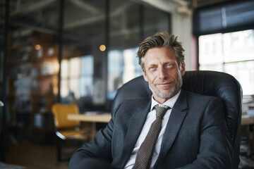 Fototapeta premium Confident man with relaxing in a bright office space, conveying leadership, professionalism, and a friendly business atmosphere.