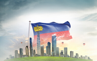 Liechtenstein national flag wavering with modern building skyline. Country showing stronger and...