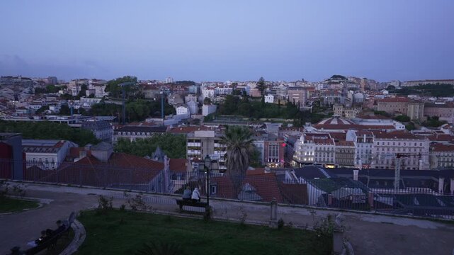 Panoramic view of Lisbon from Miradouro de SALo Pedro de AlcA?ntara at dusk, Lisbon, Portugal, Europe