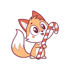Cute cartoon fox holding a striped candy cane, looking up with big eyes and a happy expression.