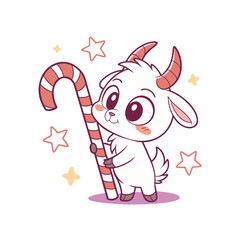 A cute cartoon goat with big eyes holds a red and white striped candy cane, surrounded by sparkling stars.