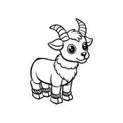 A cartoon goat illustration with a fluffy neck and rope details around its legs, outlined in black on a white background.