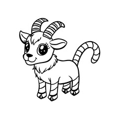 A cartoon goat stands with a smiling expression, featuring striped legs, tail, and horns in a black and white line drawing.
