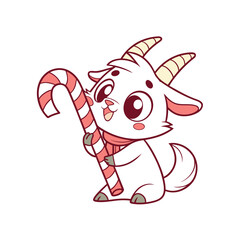 A cute cartoon goat with a pink scarf holds a red and white striped candy cane, smiling cheerfully.