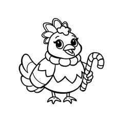Cartoon chicken holding a candy cane, outlined for coloring, featuring large eyes and a festive collar.
