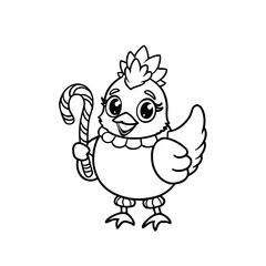 Cartoon chick stands holding a candy cane, outlined in black and white, ready to be colored.