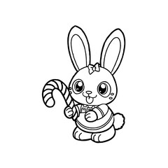 Cute cartoon bunny holding a candy cane, sticking its tongue out, outlined for coloring.
