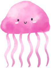 Cute pink jellyfish watercolor cartoon