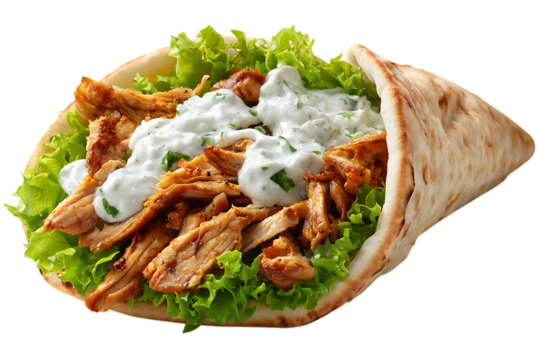 Delicious chicken shawarma wrap with fresh lettuce and creamy sauce on transparent background