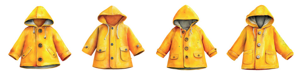 Set of yellow watercolor raincoats. Seasonal raincoats with hood. Clothes for rainy weather, cold autumn and spring seasons, etc. Yellow raincoat for cloudy and rainy weather. Vector illustration.