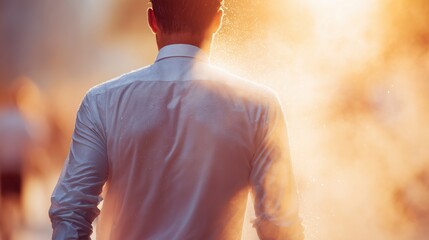 Businessman in formal attire walking under extreme heat with sunlight flaring in the background. Concept of climate stress, heatwave impact, or urban environment in summer.