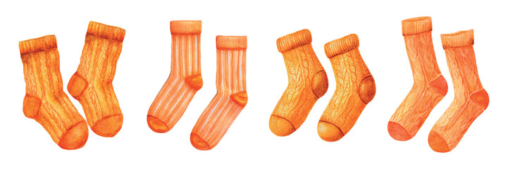 Aquarelle set of warm knitting socks png. Cozy knitted socks of orange color with patterns. Warm elements of autumn clothing. Elements of wardrobe for cold season. Vector illustration.