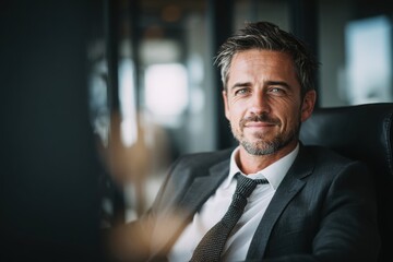 Fototapeta premium Confident man with relaxing in a bright office space, conveying leadership, professionalism, and a friendly business atmosphere.