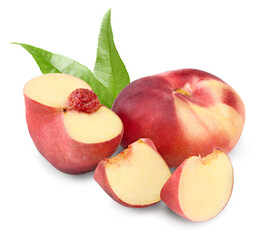 cut of peach fruit with green leaves isolated on white background. clipping path