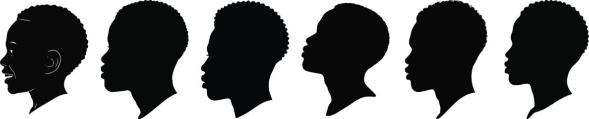Silhouette vector collection of six African child and adult head profiles in side view, suitable for educational and design projects.