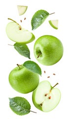 green apples with green leaves isolated on white background. clipping path