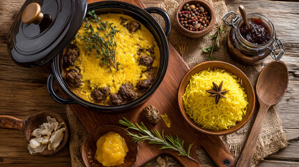 Rustic bobotie dish with yellow rice and spices on wooden table