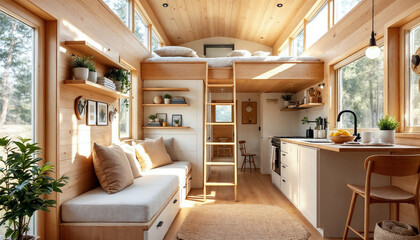 Fototapeta premium Cozy sunlit modern tiny house interior with minimalist, warm, space-saving design. 