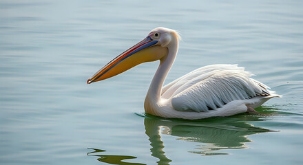 Graceful pelican gliding serenely across tranquil waters, a stunning wildlife portrait perfect for nature lovers and serene coastal scenes