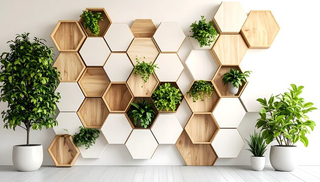 Modern wall-mounted hexagon shelving unit with plants