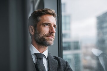 Confident man in suit gazing out high-rise window, symbolizing ambition, planning, leadership, and future business opportunities.