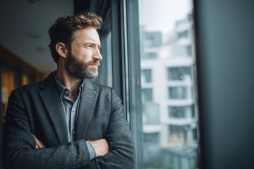 Fototapeta premium Confident man in suit gazing out high-rise window, symbolizing ambition, planning, leadership, and future business opportunities.