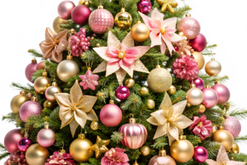 A beautifully decorated christmas tree is adorned with gold, pink, and purple ornaments, lights, and star decorations isolated on transparent background