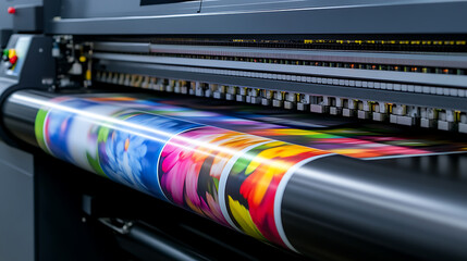 Large format inkjet printer in operation, producing a vivid colorful image. Printing technology in action, showcasing precision and vibrant colors.