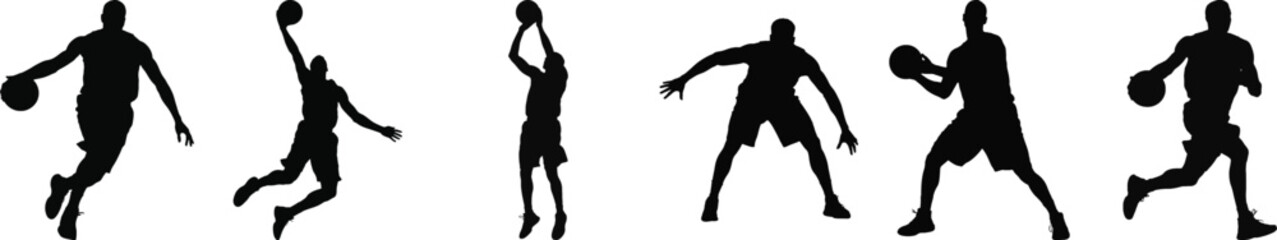 Silhouette vector set of five basketball player actions including dribbling, jumping, and shooting, ideal for sports design themes.