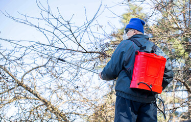 A man with a red electric sprayer treats trees and bushes in a garden on a summer cottage....