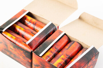 Packaging of flying circoblits fireworks on the table. Safety with pyrotechnics, close-up